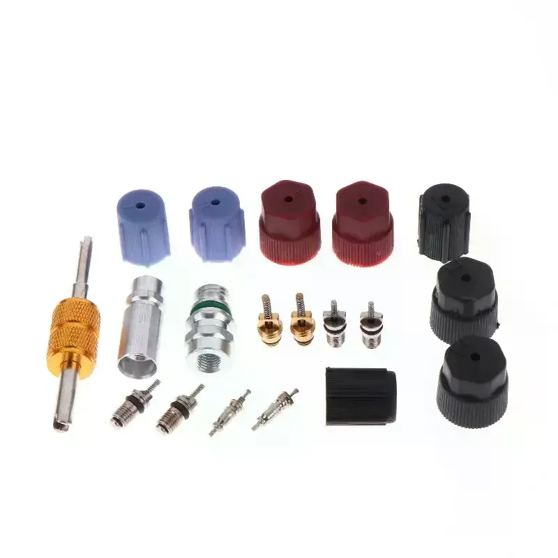 17Pcs Car R12 R134a Refrigeration Schrader Valve Stem Cores Service Charging Port Seal Caps Kit Air Conditioning Valve Core