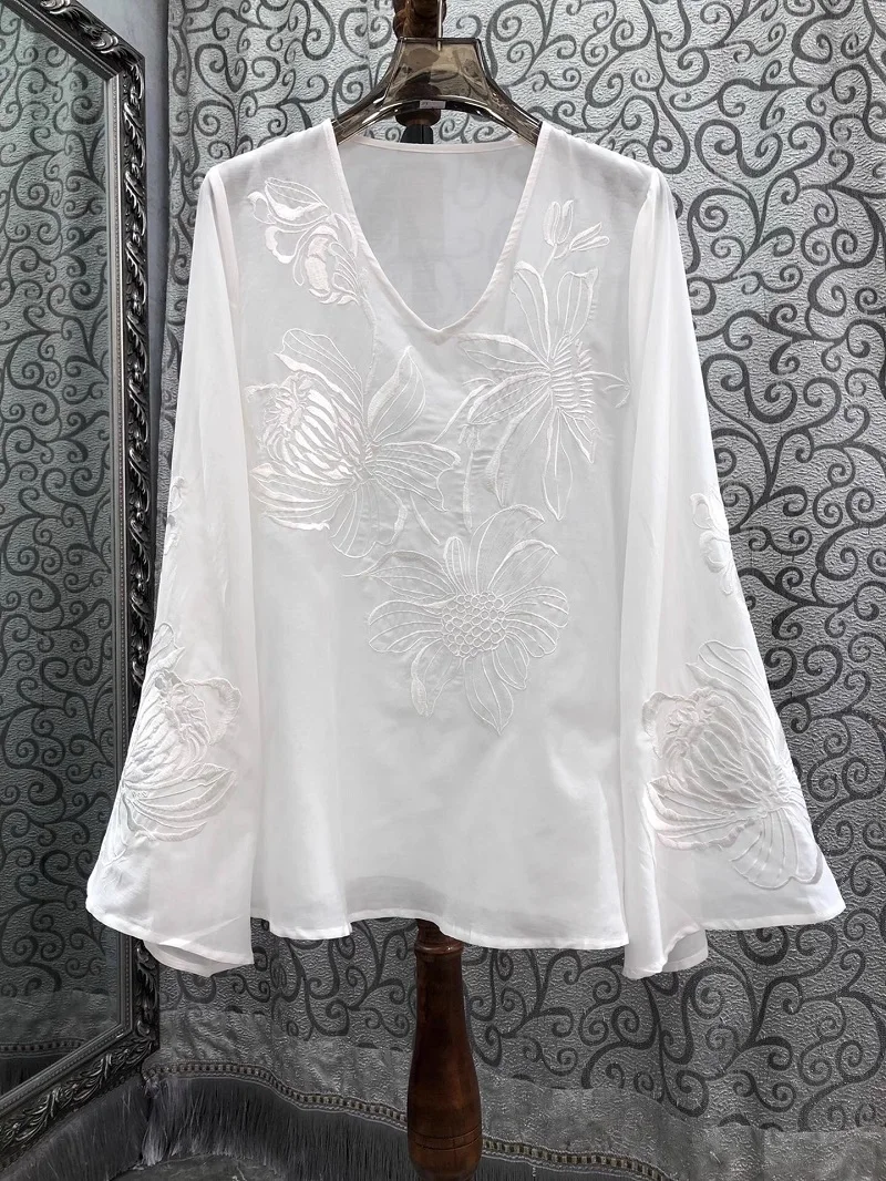 Top Quality Blouses 2025 Spring Summer Style Women V-Neck Luxurious Embroidery Flare Sleeve White Black Silk Cotton Loose Tops