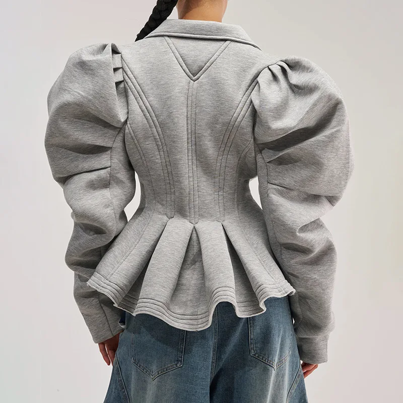 ANJY Spring Autumn New Women Stylish Design Pleated Patchwork Puff Sleeves Waist Cinching Slim Niche Tide Chic Sweatshirt A28227