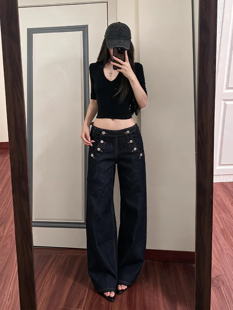 Loose Fit High Waist Straight Leg Denim Jeans Women's plus Size Vintage Multi-Button Design Casual Versatile Long Pants
