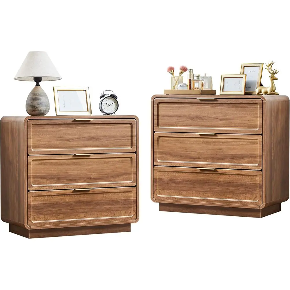 

Прикроватная тумба Walnut 26 Wide с 3 ящиками для спальни, с изогнутым дизайном и местом для хранения