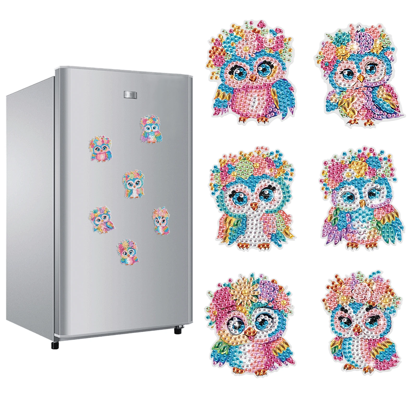 6Pcs Diamond Painting Fridge Stickers Kits,Colorful Owls Diamond Special Shape Diamond Fridge Stickers Art Decor Handmade Gift