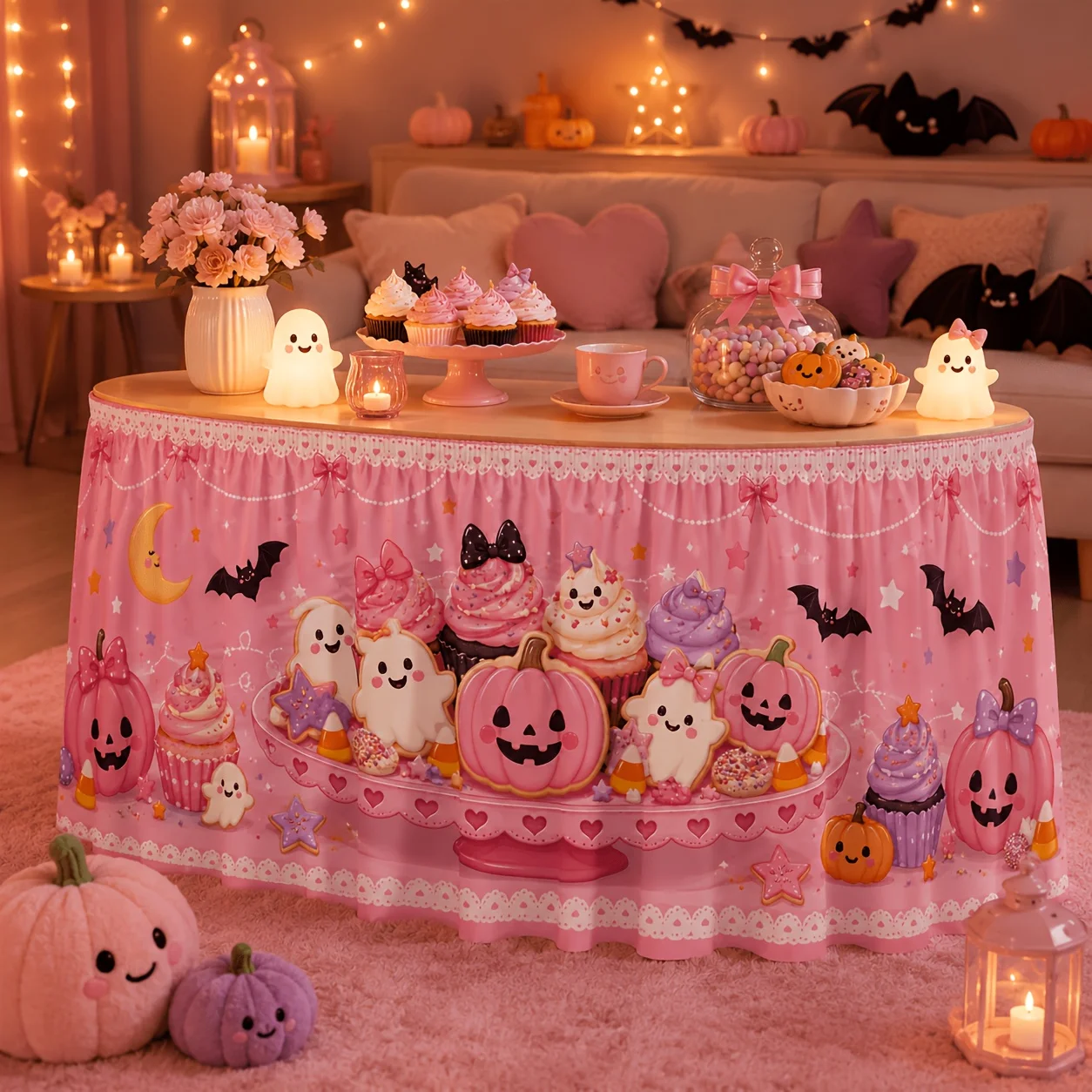 One tablecloth or table skirt, light pink, Halloween cookie, pumpkin cupcake, candy, bat, moon, bowtiezyc