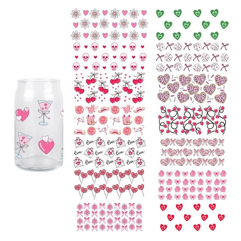 3D Love Design UV DTF Transfer Sticker Waterproof Durable For Libbey Glass Cup 16 OZ Wraps Cup High Quality Decals