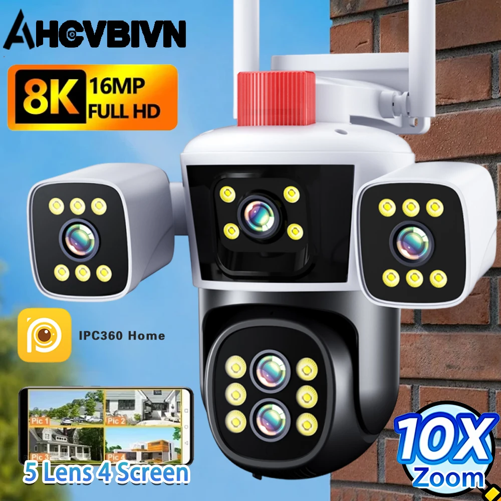 

8K 16MP WiFi Network Camera Wireless Outdoor 10X Zoom Four Screen Five Lens PTZ Automatic Tracking Waterproof Security Cam CCTV