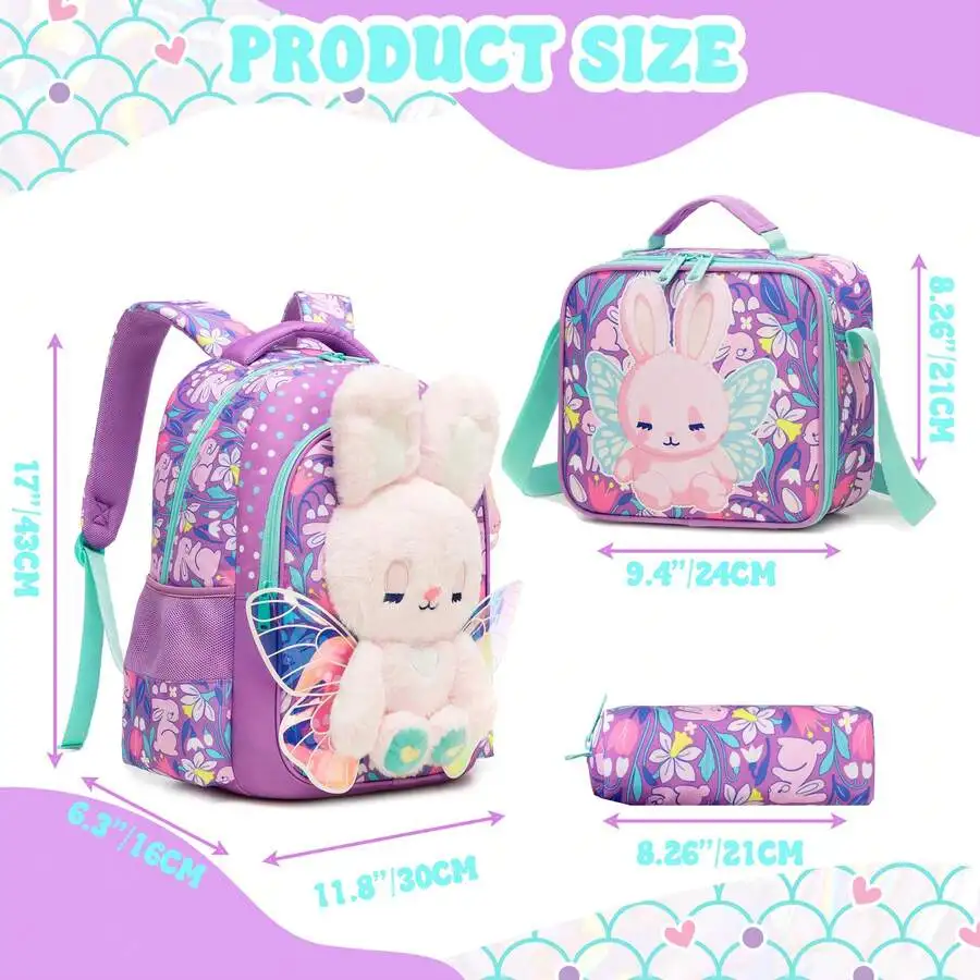 3-piece cute girl's school bag set, including a crossbody bag and pencil case, lightweight student backpack, back-to-school supplies
