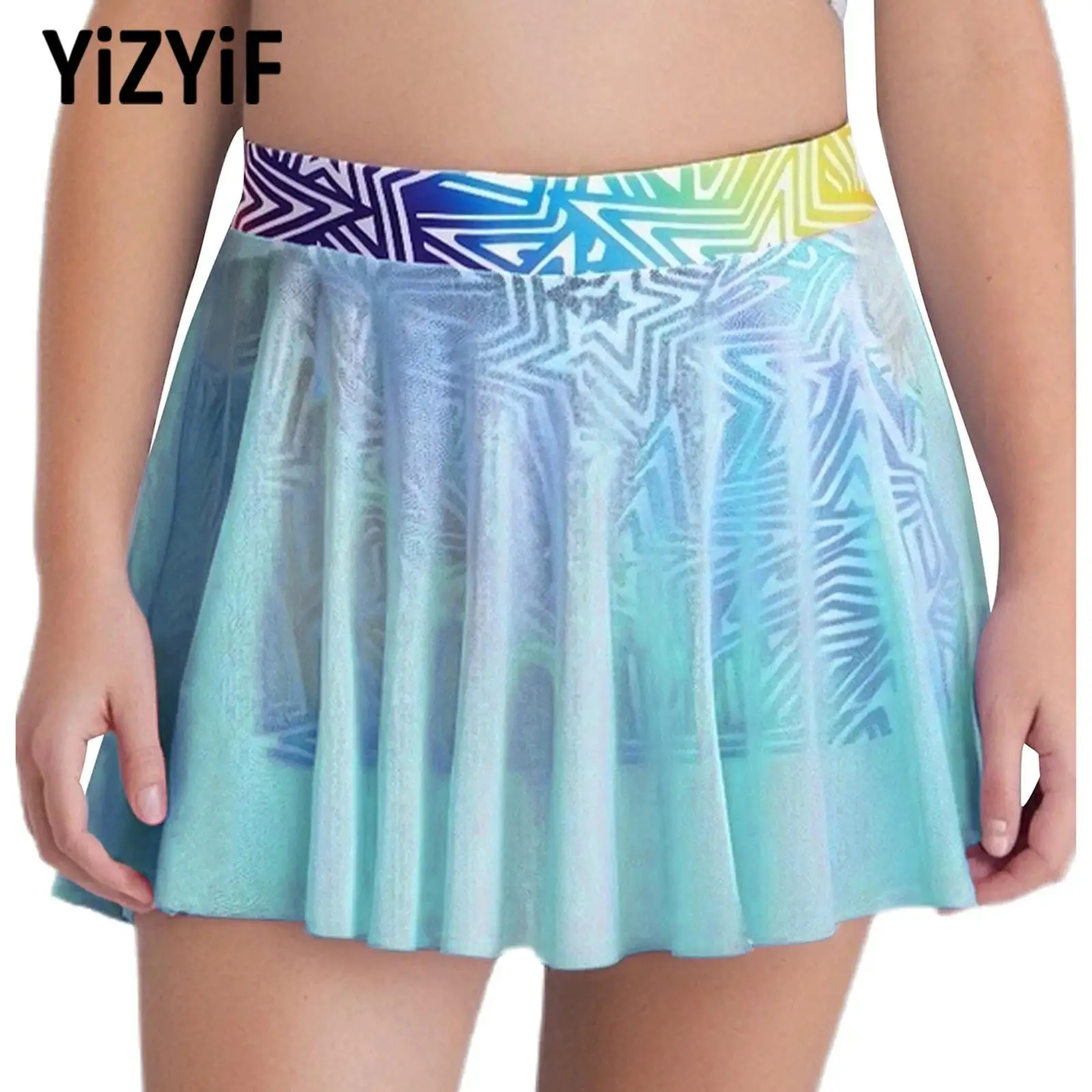 

Teen Girls Tennis Golf Athletic Skirt Kids Cheerleading Dance Performance Costume Mesh Skirt with Built-in Star Printed Shorts