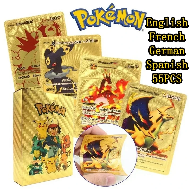 Pokemon Gold Foliekaart Engels Frans Duits Spaans Goud Zwart Zilver Kids Battle Card Verjaardagscadeau