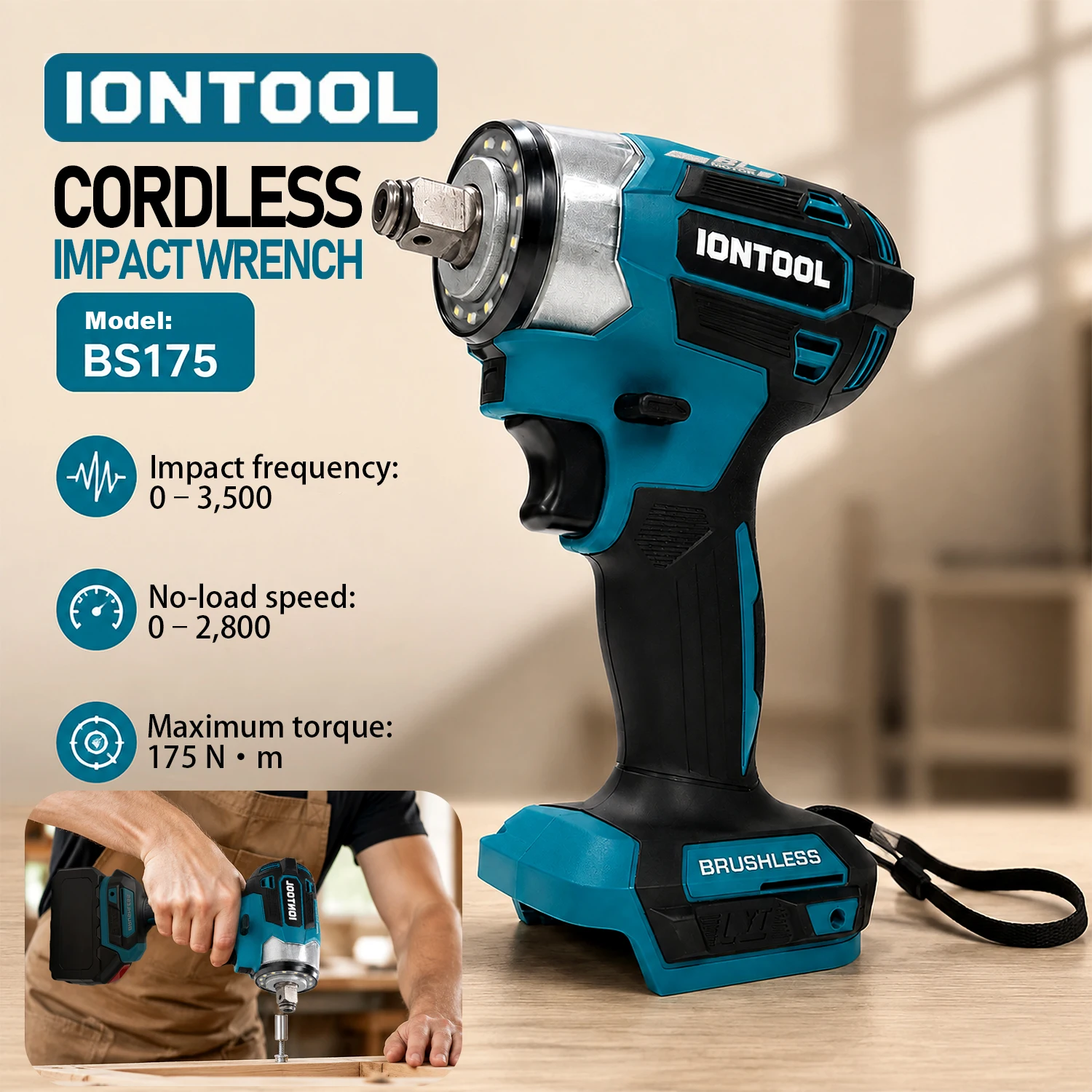 iontool-信頼性の高いプロフェッショナルコードレスブラシレスインパクトレンチ-175nm-自動車修理および機械工場向け（本体のみ）
