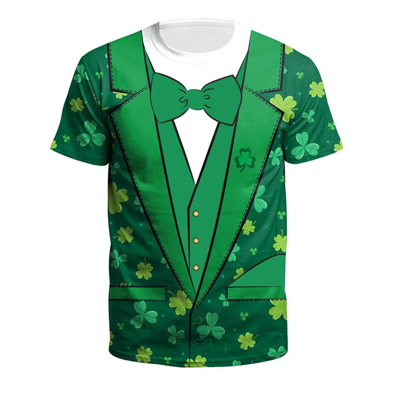 St. Patrick's Day T Shirt Men Loose Crew Neck Short-sleeved Tee Shirts Irish Shamrock 3d Printed Fake Tuxedo T-shirt Streetwear