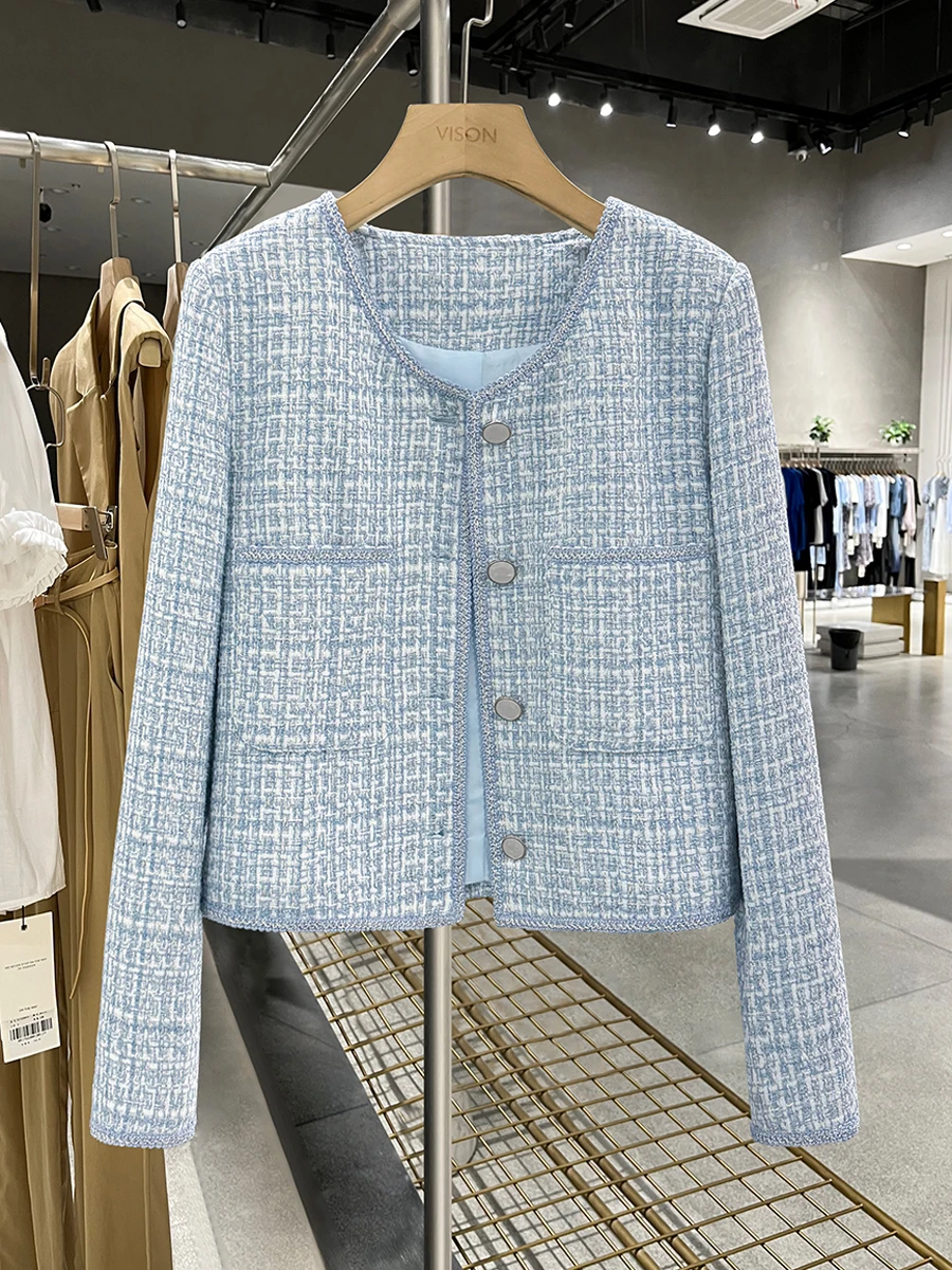 Women's Jacket Spring Autumn New Blue Tweed Small Fragrance Coat Short Korean Fashion Advanced Sense Temperament Tops Cardigan