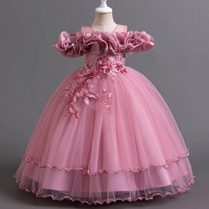 

5-14 Years Teenagers Flowers Girls Dress Higher Quality Mesh Fashion Girls Princess Dress Wedding Party Piano Performance Dress