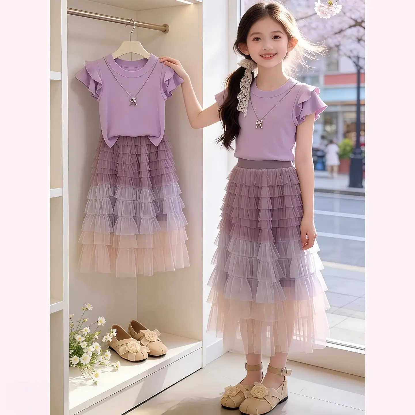 Girls Summer Set 2026 New Korean Lace Sleeves Solid Short Sleeve Children Cake Gradient Yarn Skirt Stylish Two Piece Set