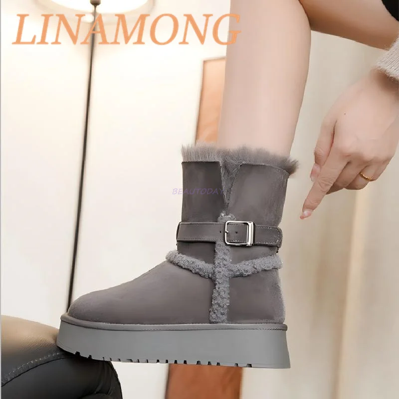 Suede Belt Buckle Snow Boots Simple Style Splicing Design Sleeve and Fleece Warm Thick Sole Height Increasing Short Boots
