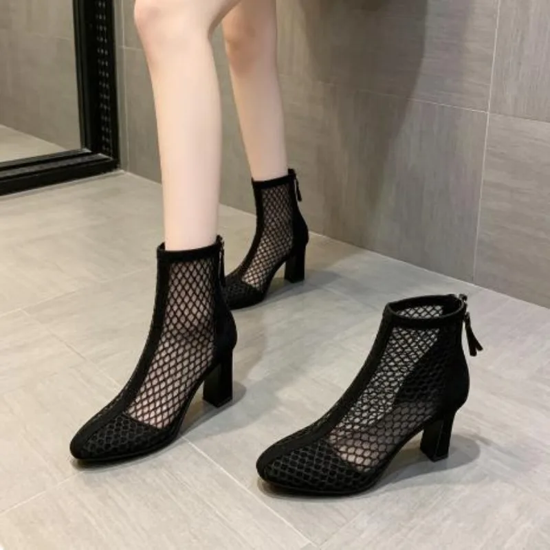 

2026Hot Seller Mesh Square Heel Cooling Boots Summer New Thin Cutout Breathable Mesh Rear Zipper Round Toe Non-Slip Heel Booties