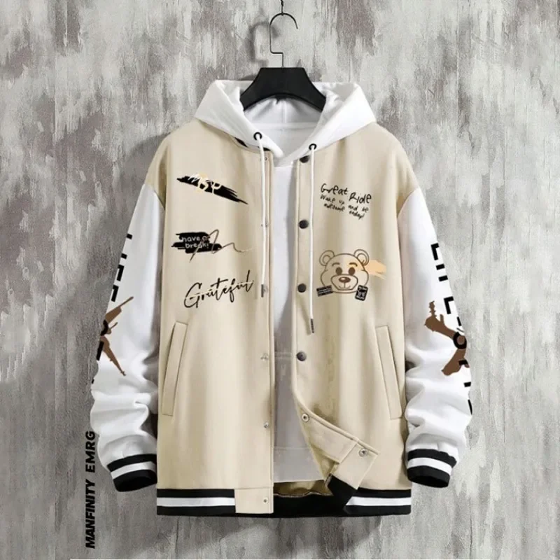 

The Spring and Autumn Period and The New Men's Baseball Jacket Fashion Bear Printing High Street Youth Easy Leisure Garments