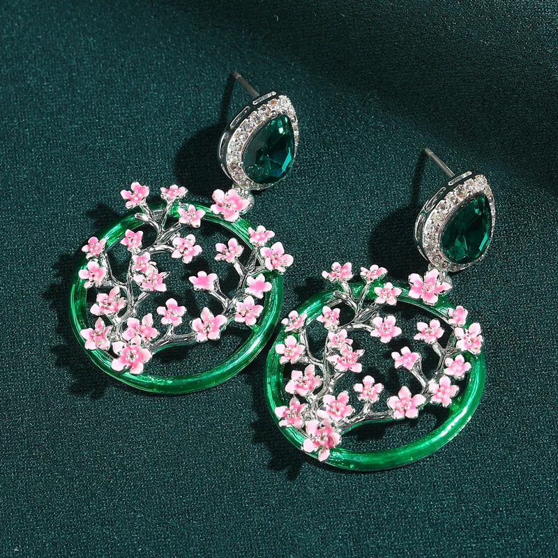 

Vintage Green Crystal Earrings Pendant Pink Peach Blossom Natural Stone Designer Antique Silver Plated Jewelry Retro Luxury Gift