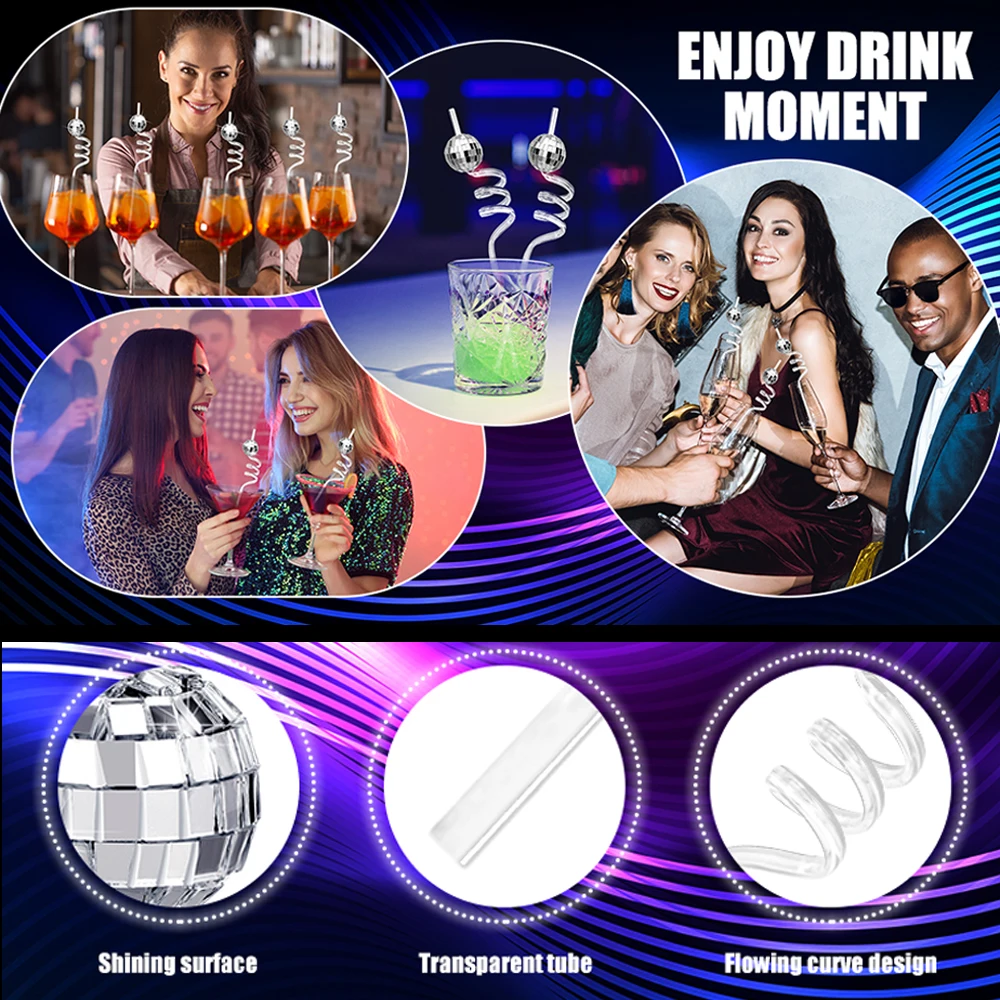 12PCS Disco Ball Straws Reusable Swirly Straw Set Cocktail Stirrers Birthday Party Supplies Last Disco Bachelorette Decorations