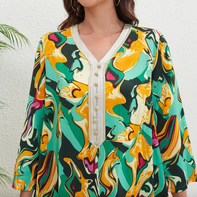 Women Dress Printed Loose Ladies Vestidos Summer New Casual Household Clothes and Fashionable V-neck Robes