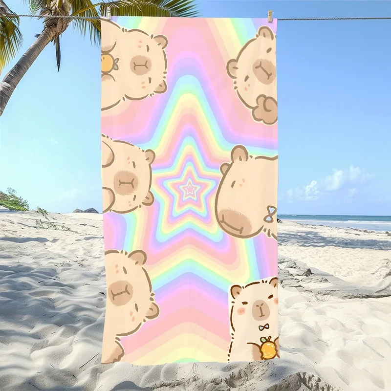 Newest Beach Towel Pastel Rainbow Star Cute Capybara Print Beach Towel Kawaii Soft Microfiber Quick Dry Beach Towel