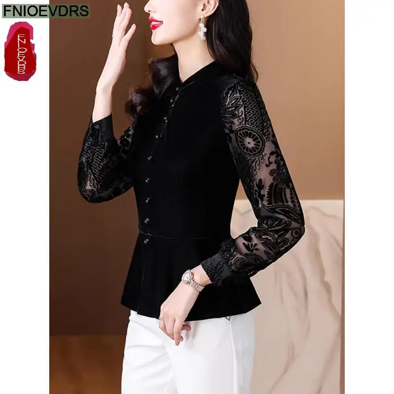 Black Lace Velvet Retro Vintage Peplum Tops New Design Women 2024 Autumn Long Sleeve French Style Hollow Basics Shirts Blouses