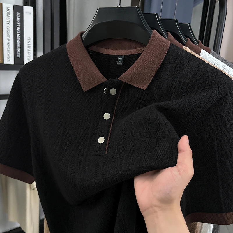 High quality knitted men's short sleeve polo shirt trend luxury retro jacquard summer comfort soft color blocked casual T-shirt