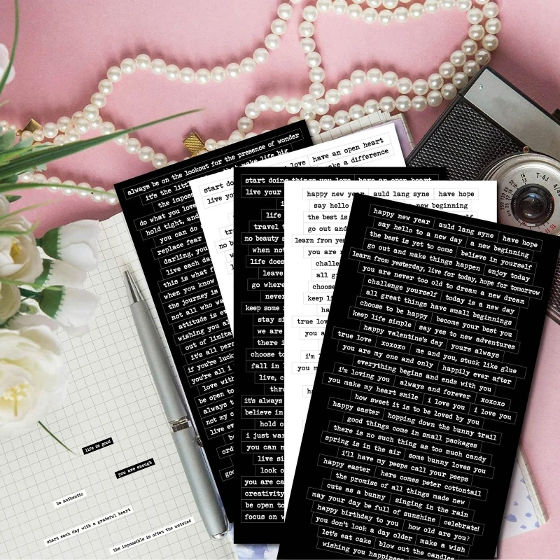 8 Sheets Retro Word Stickers DIY Scrapbooking Positive Decals Black White Matte Cardstock for Water Bottles Book Laptop