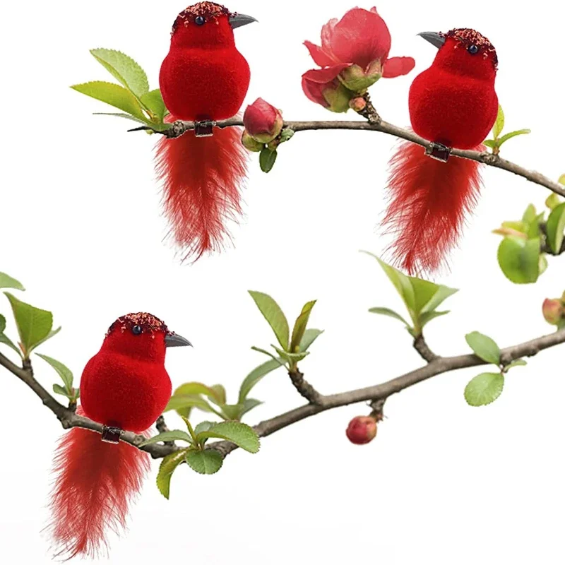 2025 3Pcs Artificial Red Birds Tree Ornament Imitation Birds Clip-On Foam Cardinals Feathered Birds Home Garden Decoration Gifts