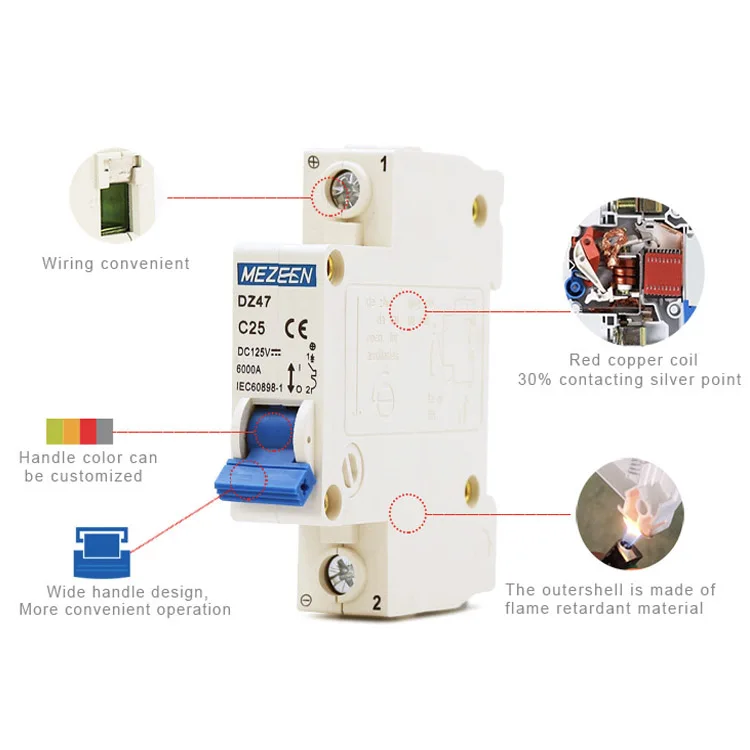 DZ47 MCB 1P 1A/2A/3A/6A/10A/16A/20A/32A/40A/50A/63A Breaking Capacity 6KA Din Rail AC Miniature Circuit Breaker