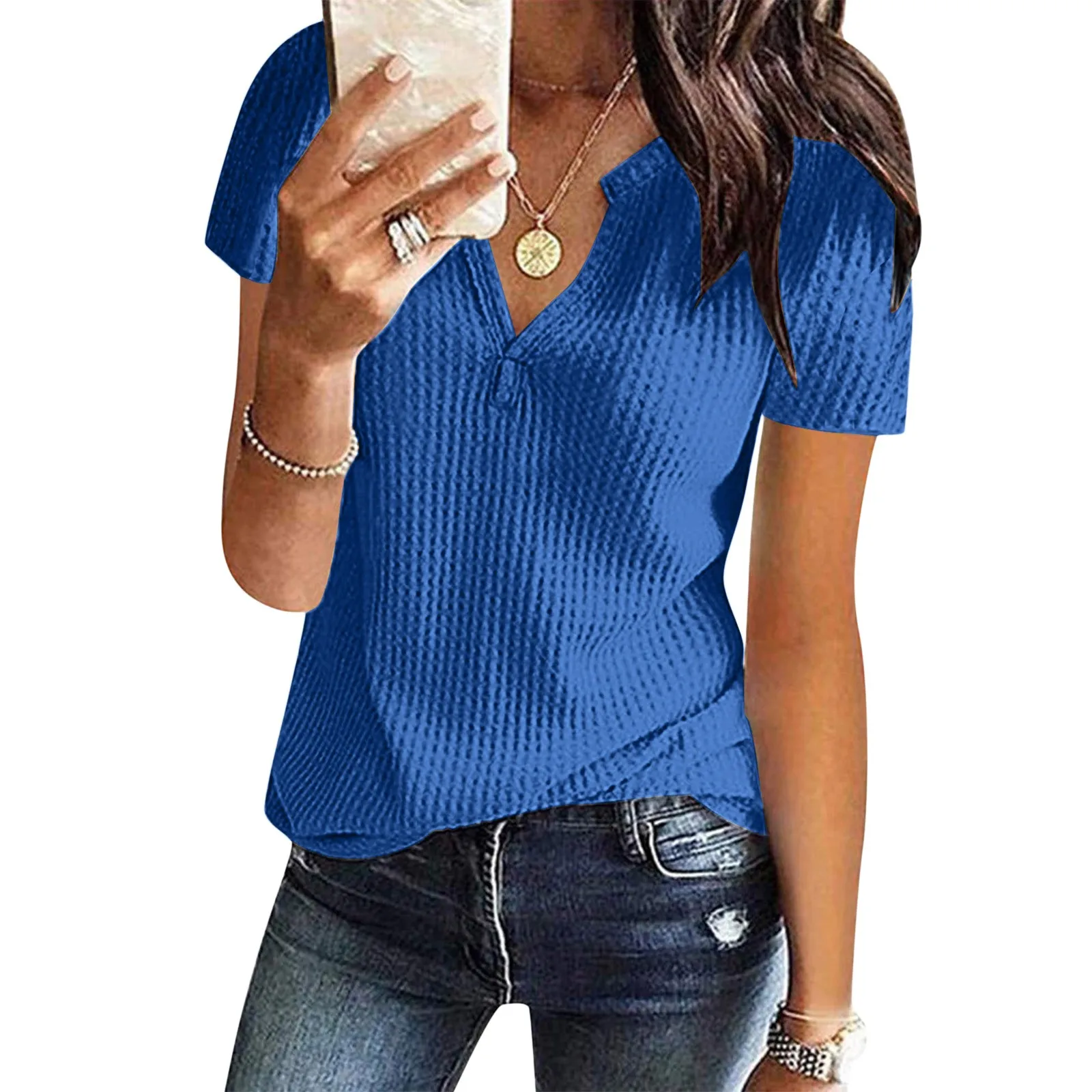 

Knit Short Sleeve T-Shirt Top Women's Summer Fashion V Neck Loose Shirt Female Y2k Tops Tee Bottom Shirts T Shirt For Women