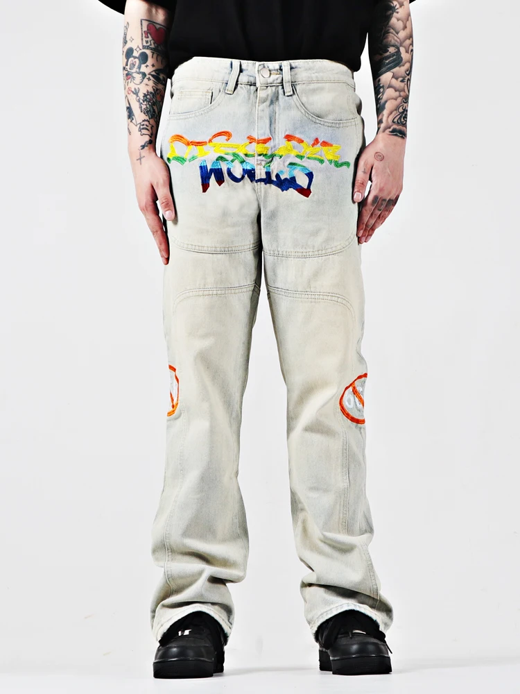 

Свободные винтажные джинсы American Sle Street в стиле хип-хоп с вышивкой 3D, молодежные свободные джинсы-колокольчики High Street Deconstructed