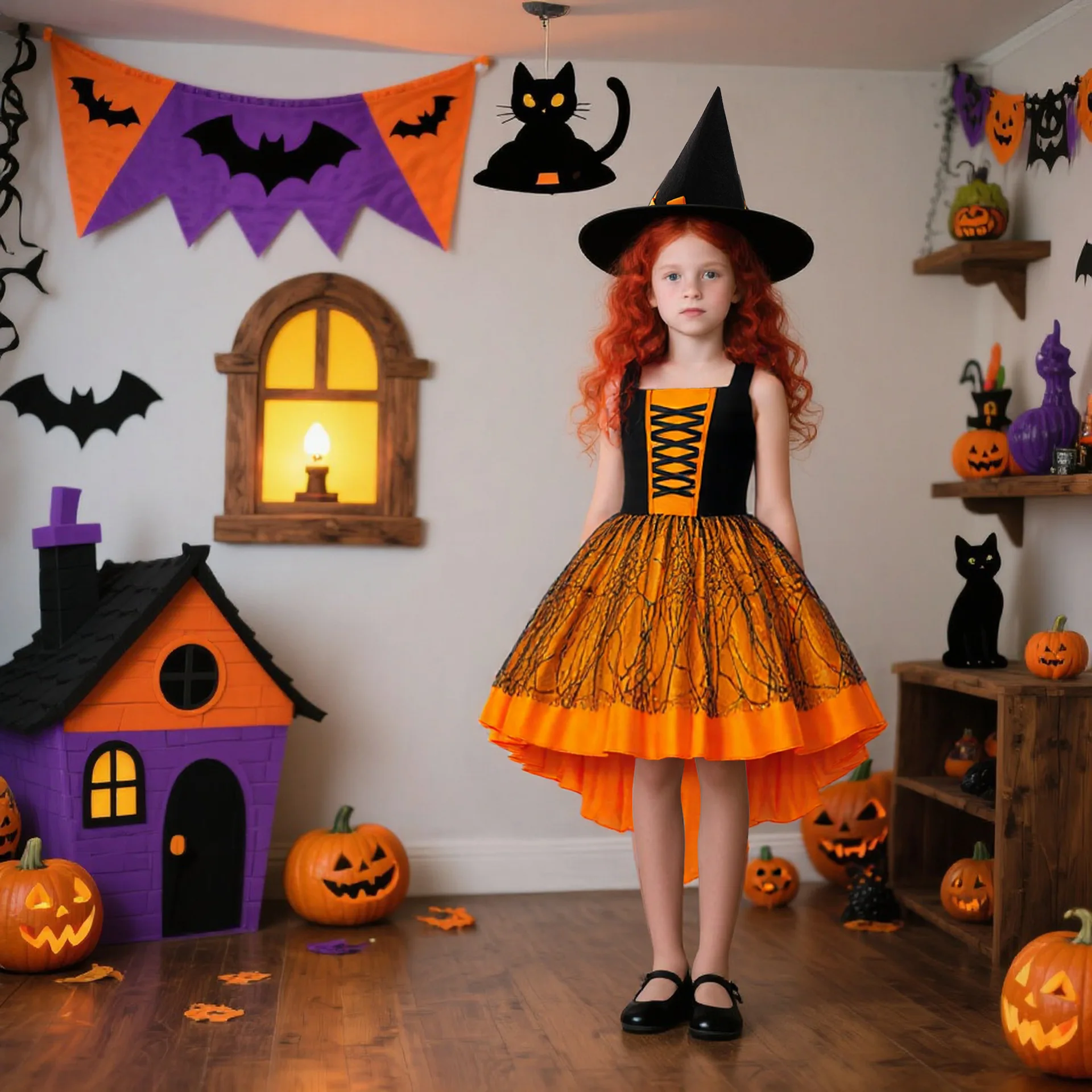 Girl's Witch Costumes Halloween Cosplay Outfits Princess Spider-web Pumpkin Tailed Dress Sleeveless Girls Party Dresses Carnival