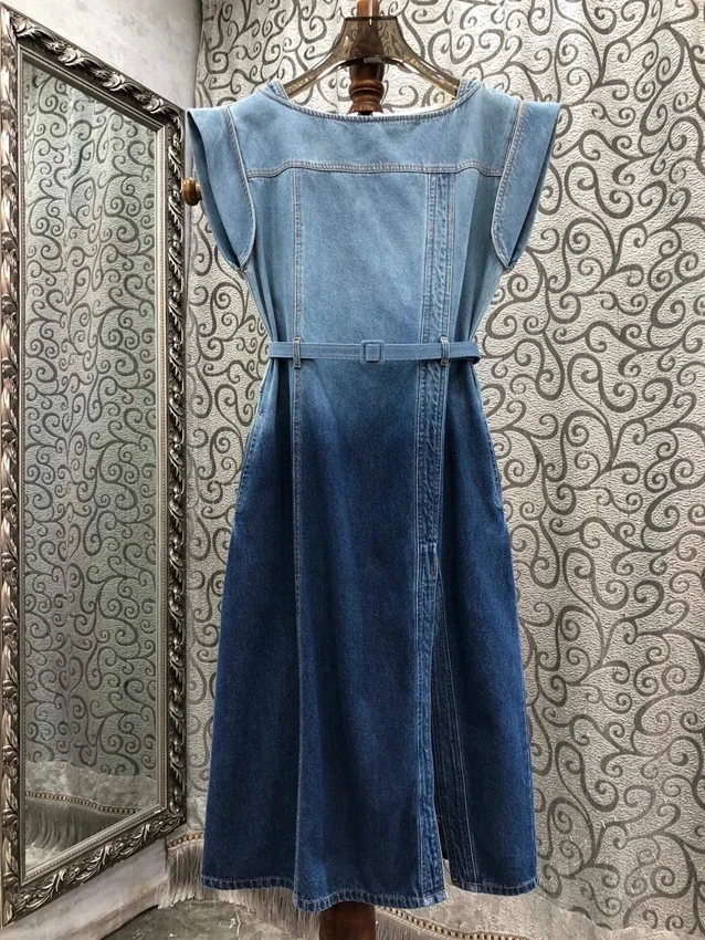 2024 new women's fashion short-sleeved round neck gradual change color belt slim hem split denim medium and long dress