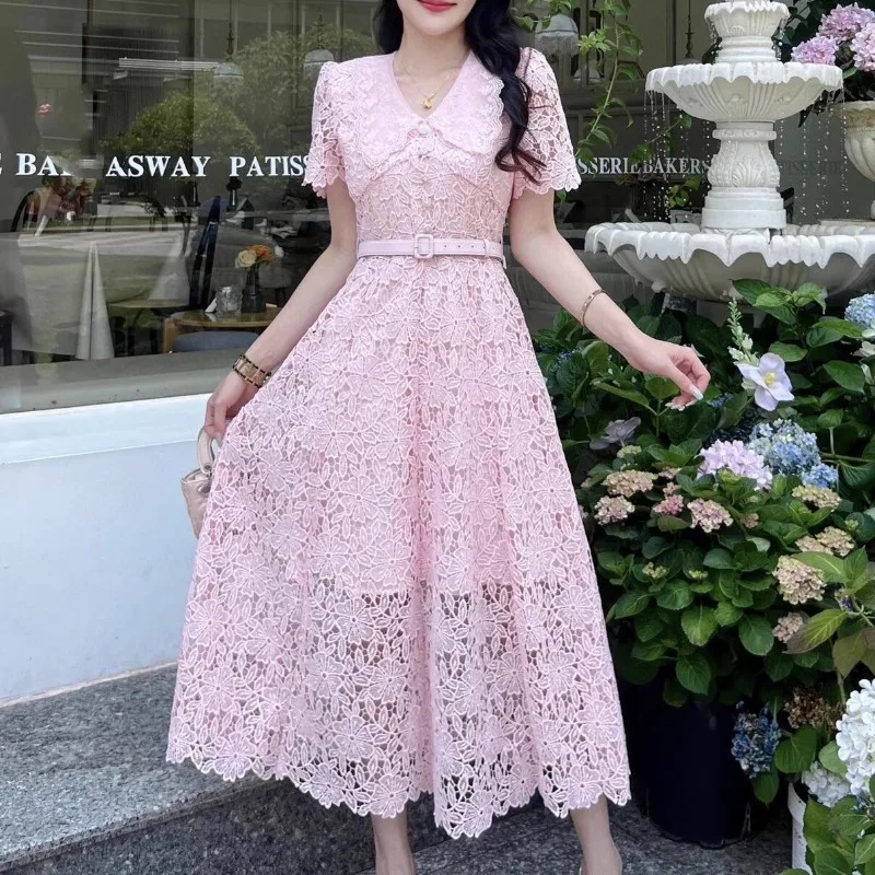 

Pink Lace Elegant Women Dress with Sashes Diamonds Button Holiday Party Dress Bodycon V-NEck Hollow Luxury Design Vestidos