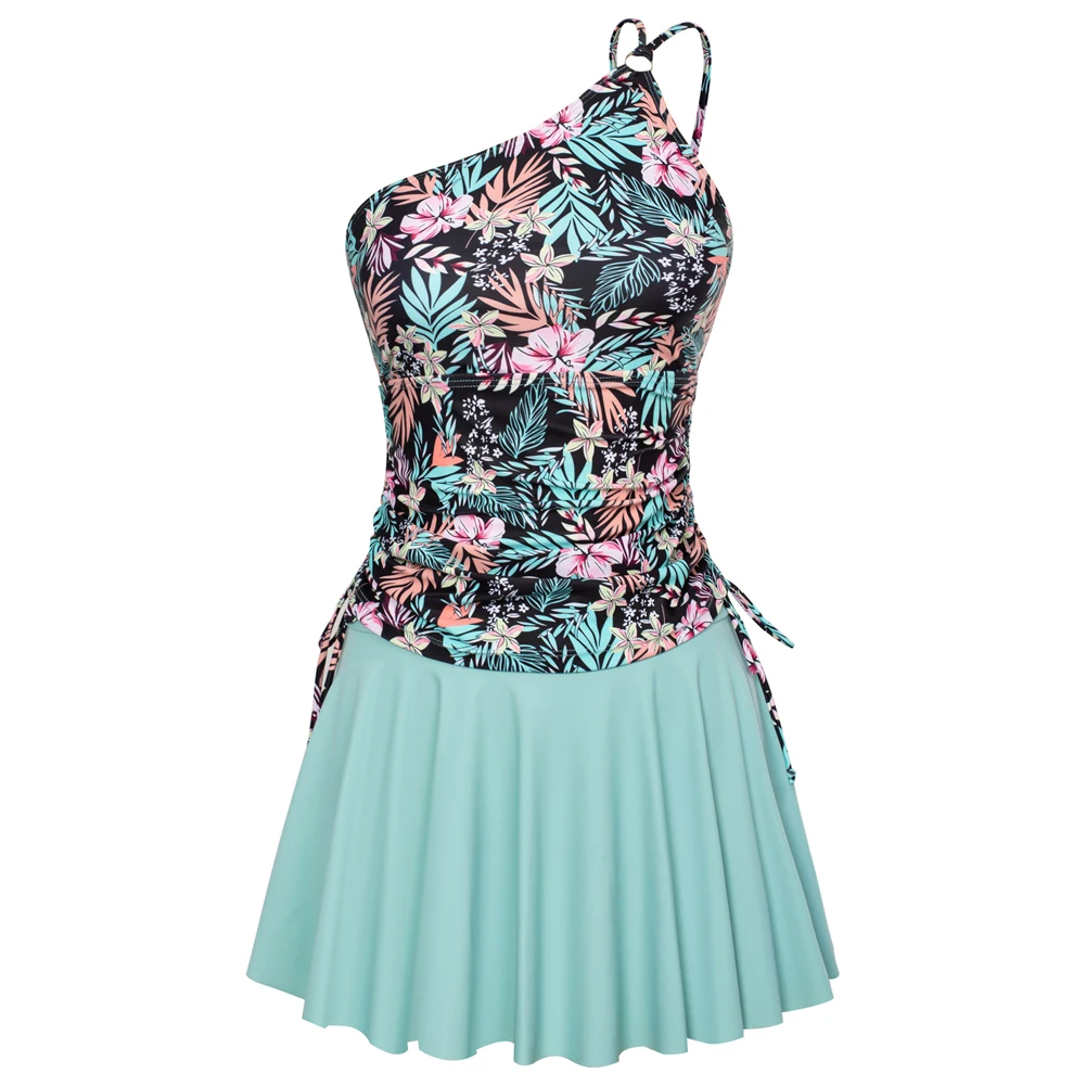 

Женский купальник GK с цветочным принтом, комплект из 2 предметов, Топ для плавания на одно плечо с подкладкой + юбка с трусами, бразильское бикини