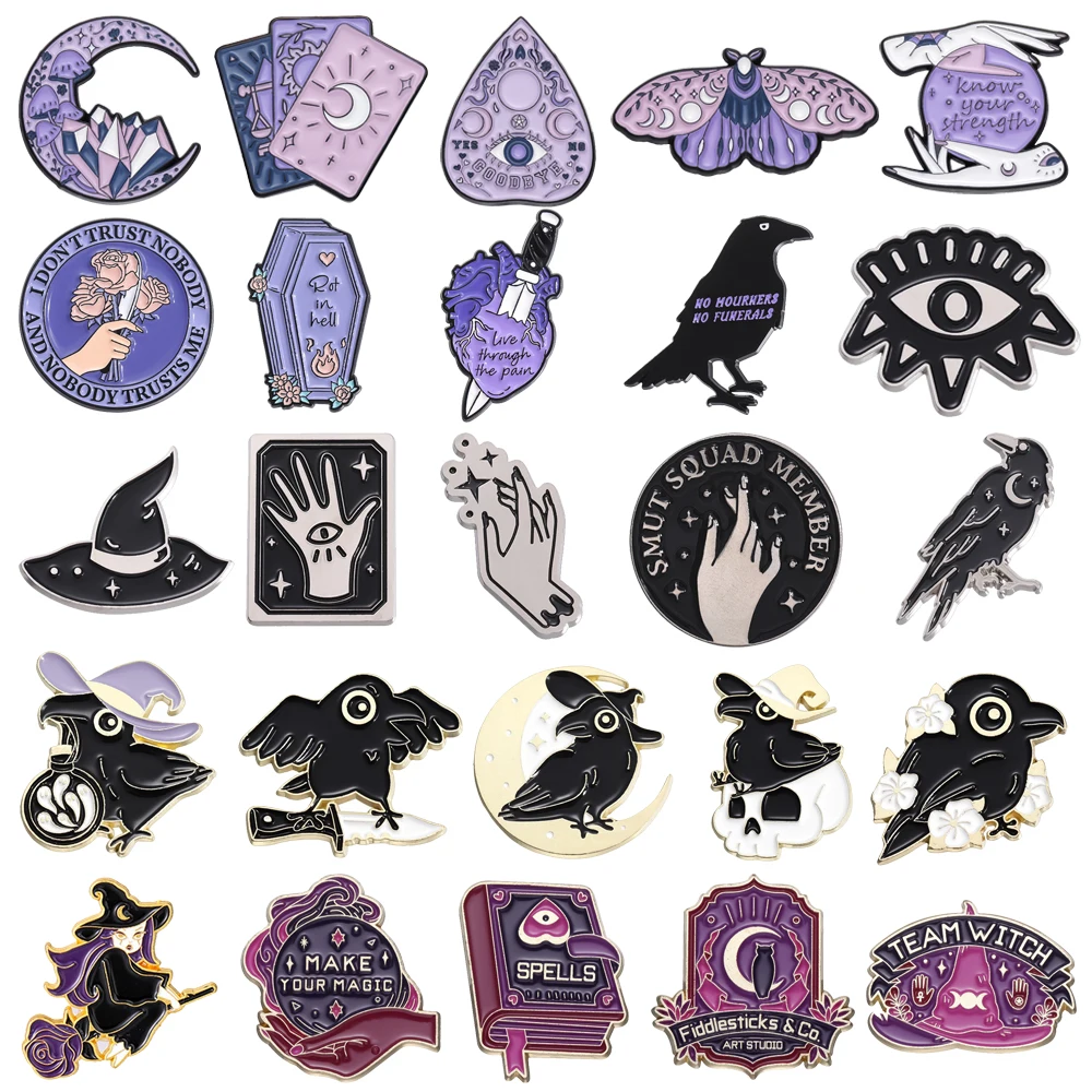 Magic Crow Enamel Brooch Purple Crystal Tarot Card Magic Ball Hat Broom Book Metal Lapel Pins Punk Witch Badge Jewelry Gifts