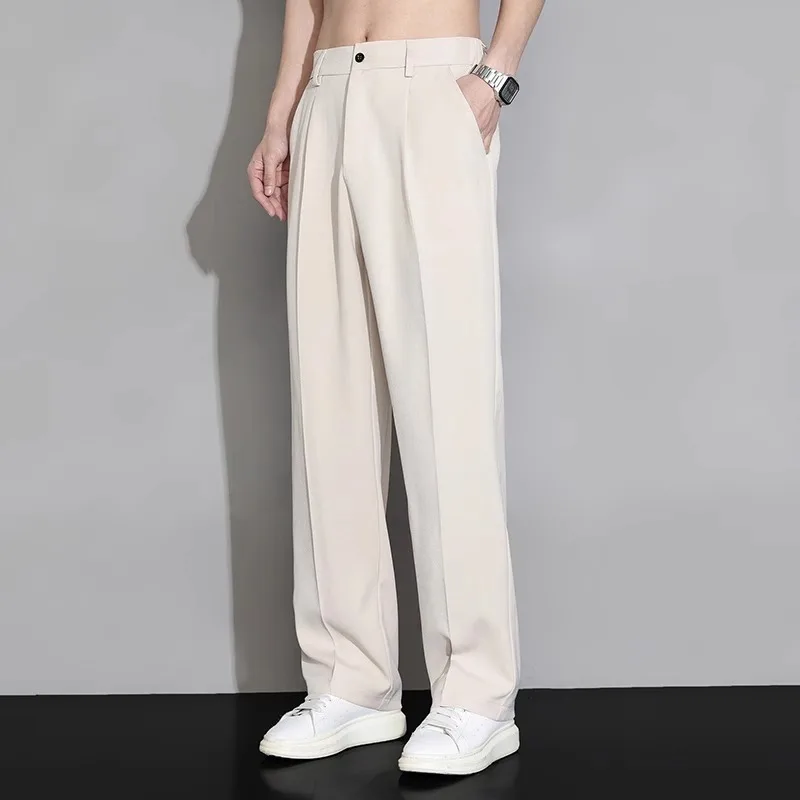 Ice Silk Suit Pants for Men Slim Fit Comfortable Loose Straight Leg Trousers Soft Breathable Waterfall Youth Trendy Summer Pant