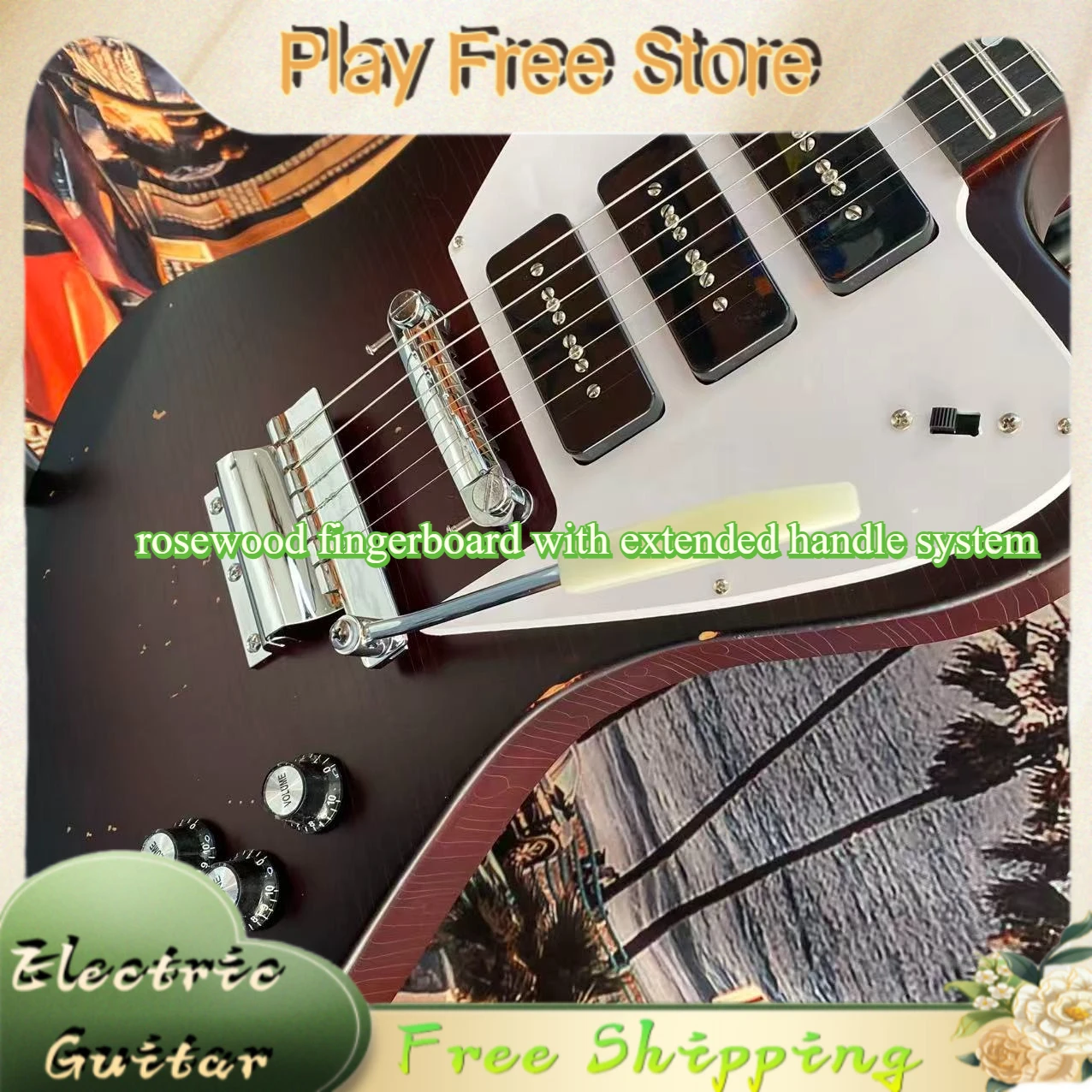 LPO Electric Guitar Old Small Firebird Shaped Rosewood Fingerboard Extended Handle System Free Shipping Red Flame Totem