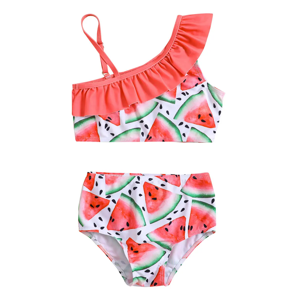 

Watermelon Swimsuit 2 Piece for Girls Toddler Kids 1-7Y Ruffles One Shoulder Adjustable Bathing Suits Summer Beach Pool Swimwear