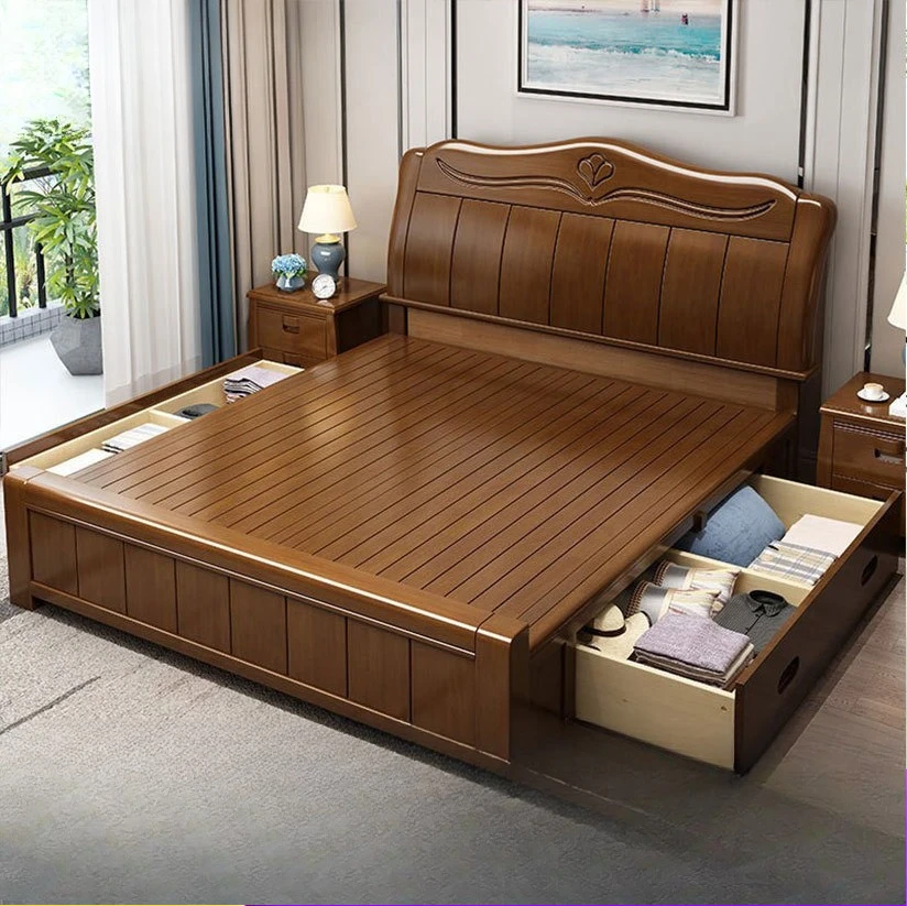 PYJ Chinese solid wood double bed master bedroom solid wood furniture high box storage wedding bed