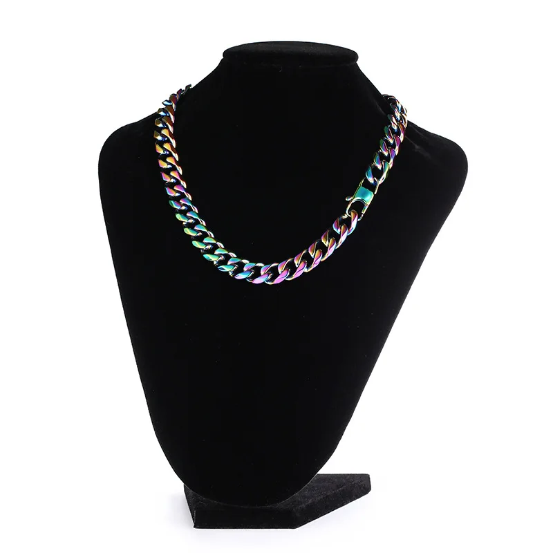 12mm 316L Stainless Steel Colorful Rainbow Miami Cuban Chain Necklace Polishing  Vintage Luxury Jewelry Unisex Neck Links Gift