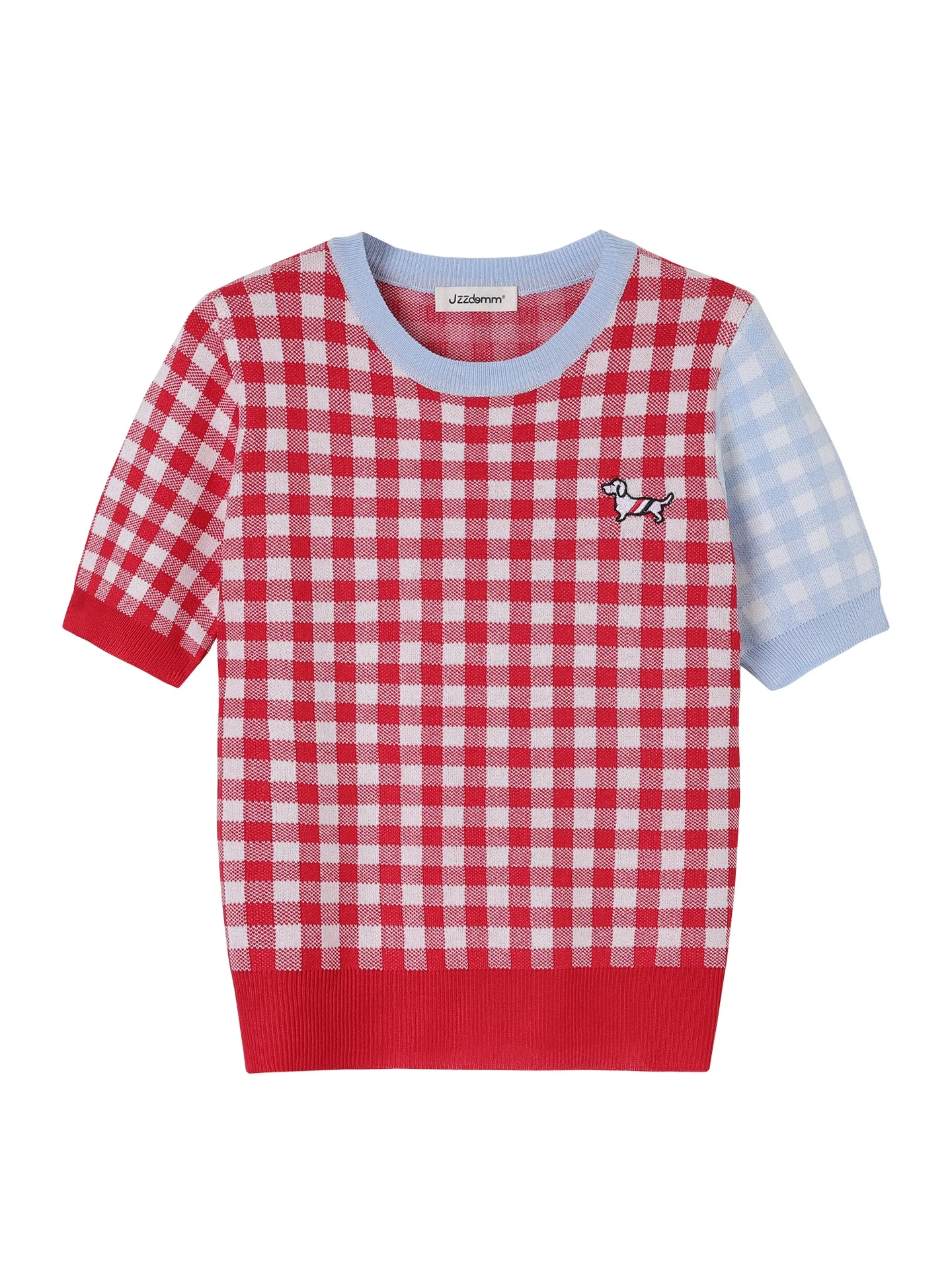 

JZZDEMM Color Blo Plaid Embroidered Knitted ort Sve Women's Faion Slim Fit Top Trendy Vintage Sle Casual Wear