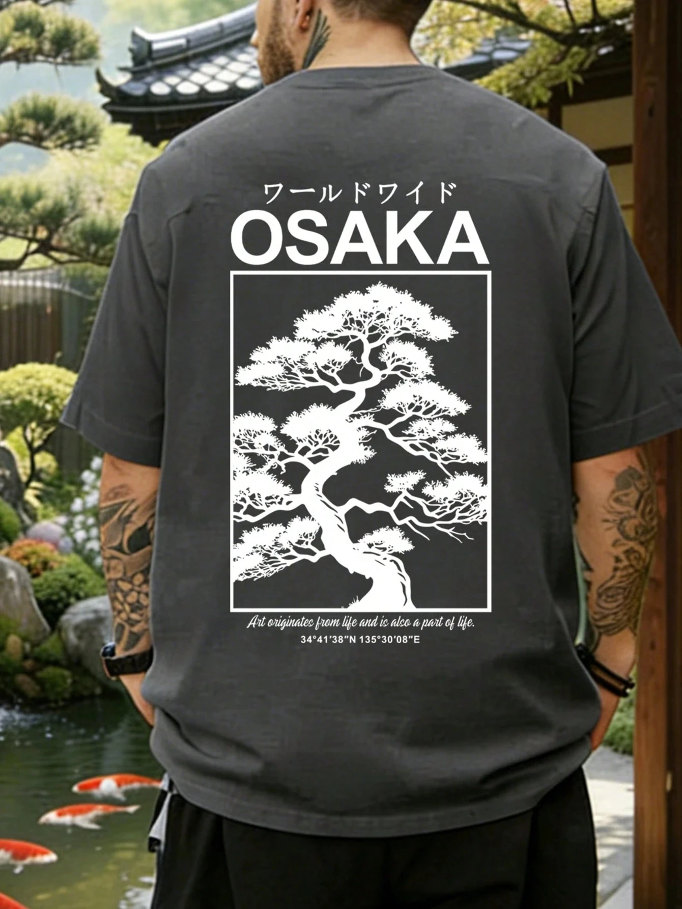 Parent‑Child Matching T‑Shirt Japan Osaka Bonsai Art Back‑Side Print Mom And Daughter Casual Family Matching Short Sleeve Tee