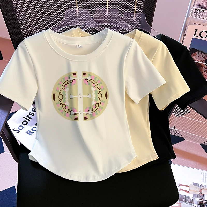 

Women Fashion Floral and printing Graphic T shirts Black Short Sleeve Cotton Tops O-neck Slim Harajuku T-shirts Streetwear Femme