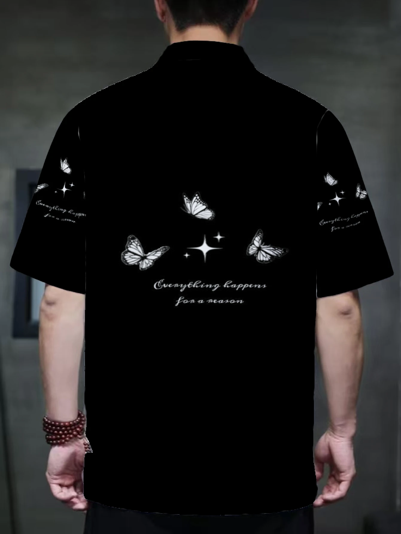 Men Traditional Chinese Tang Suit Short Sleeve Shirt Frog Button Stand Collar Star Butterfly Heart Print Loose Casual
