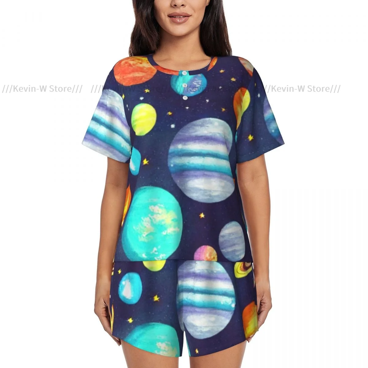 Pijamas femininos conjunto de homewear espaço planetas e estrelas de manga curta conjunto de duas peças menina pijamas loungewear pijamas
