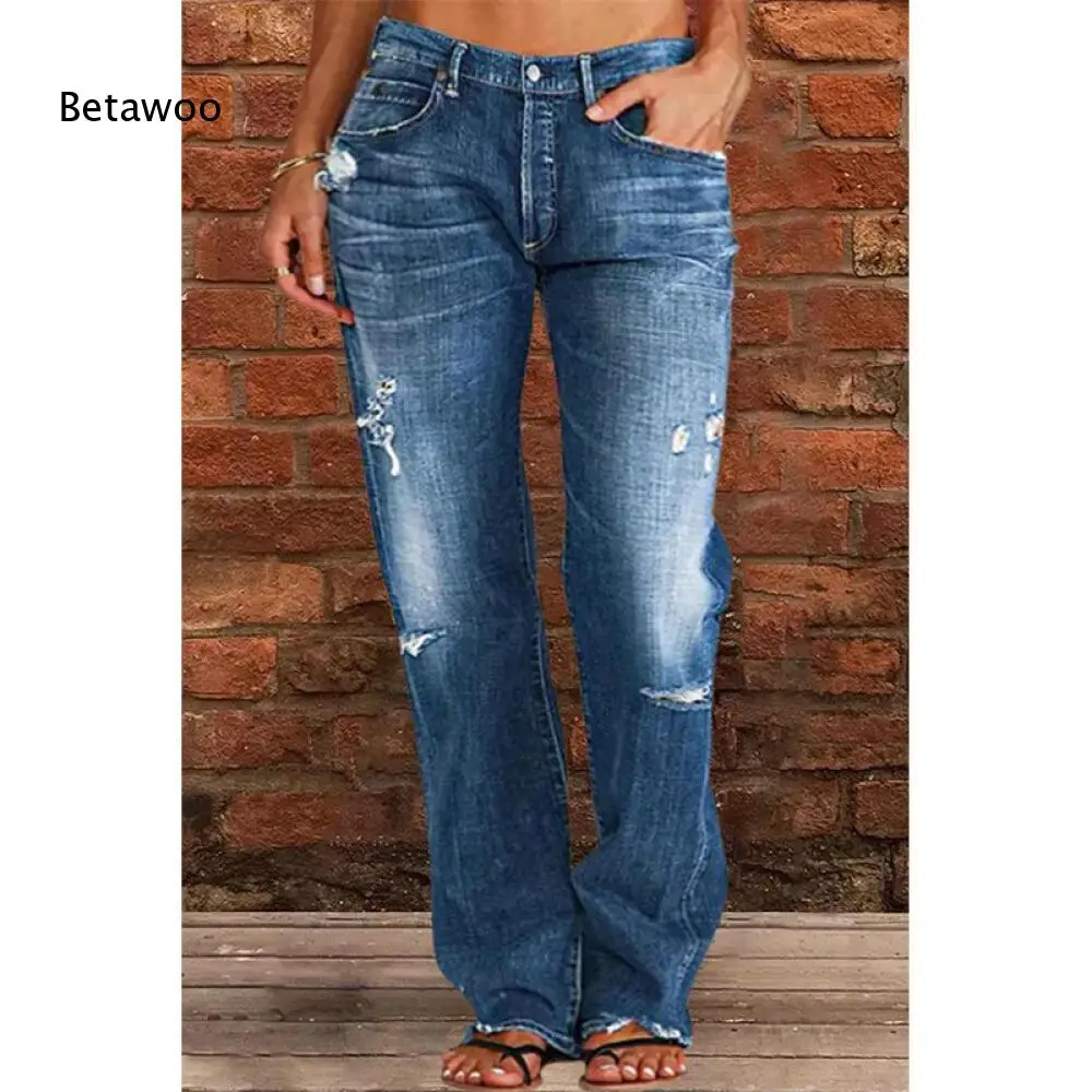 Ladies Casual Street Long Denim Pants Low Waist Light Blue Faded Wash Multi Ripped Detail Flared Bottom Jean Trousers