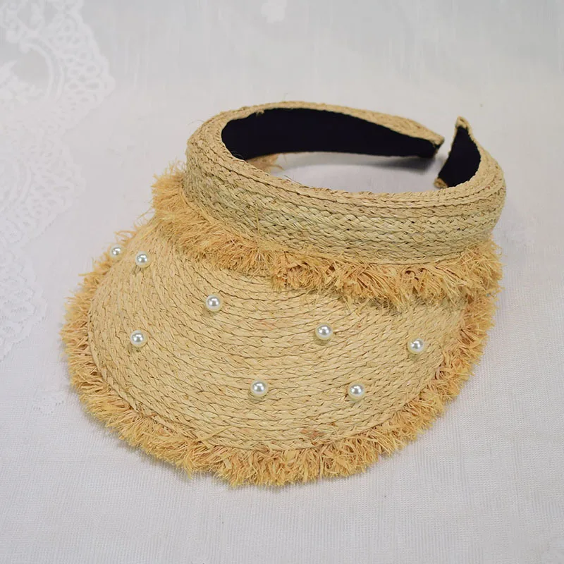 Women Straw Visor Double Fringed band Sun Hat Pearls Visor Cap Free Size Handmade Brim Summer Cap Ladies Girl Beach Hat Packable