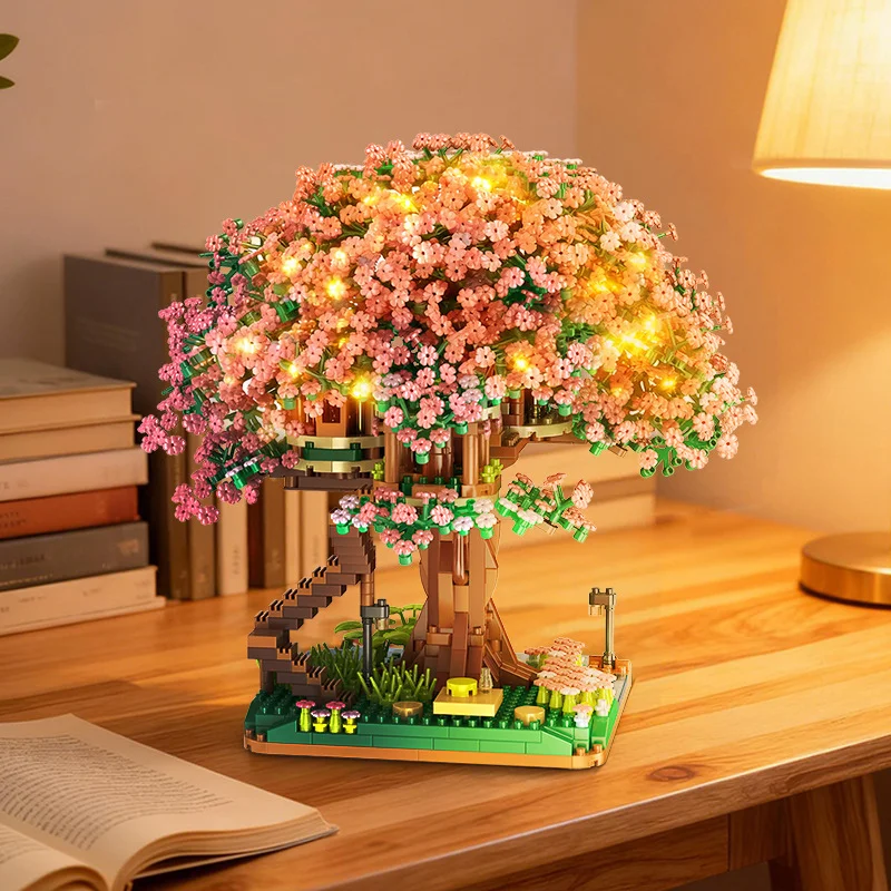 Mini Sakura Tree Building Blocks Set with LED Light DIY Cherry Blossom Bricks Model Kit Creative Home Decor Romantic Gift