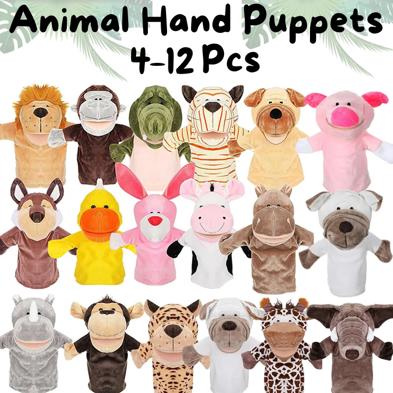 

4-12Pcs Animal Hand Puppets Stuffed Plush Animals with Working Mouth for Party Favors Birthday Gifts Storytelling Theater 25cm